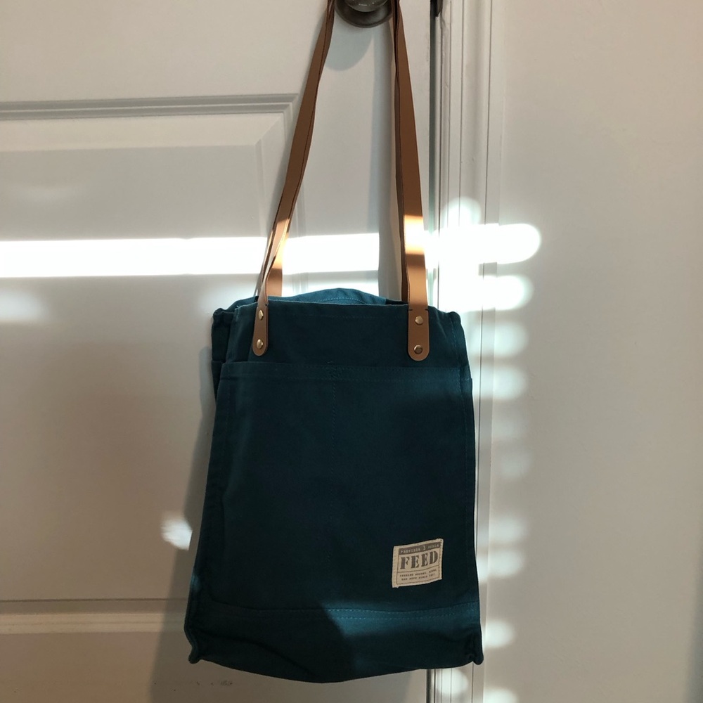 Feed Teal Tote Bag with Tan Straps